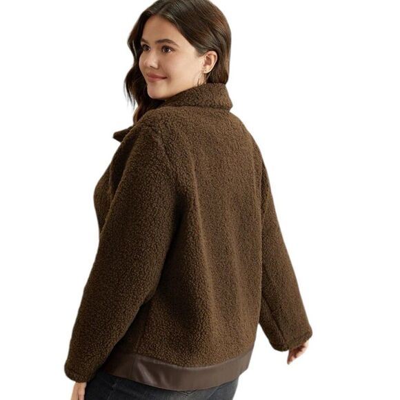 Bloomchic PU Leather Patchwork Metal Detail Brown Teddy Jacket Size 14/16 - Picture 6 of 15